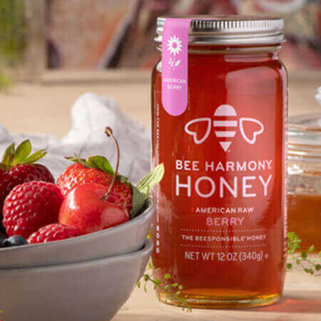 Bee Harmony Honey American Raw Berry Jar and fruit bowl
